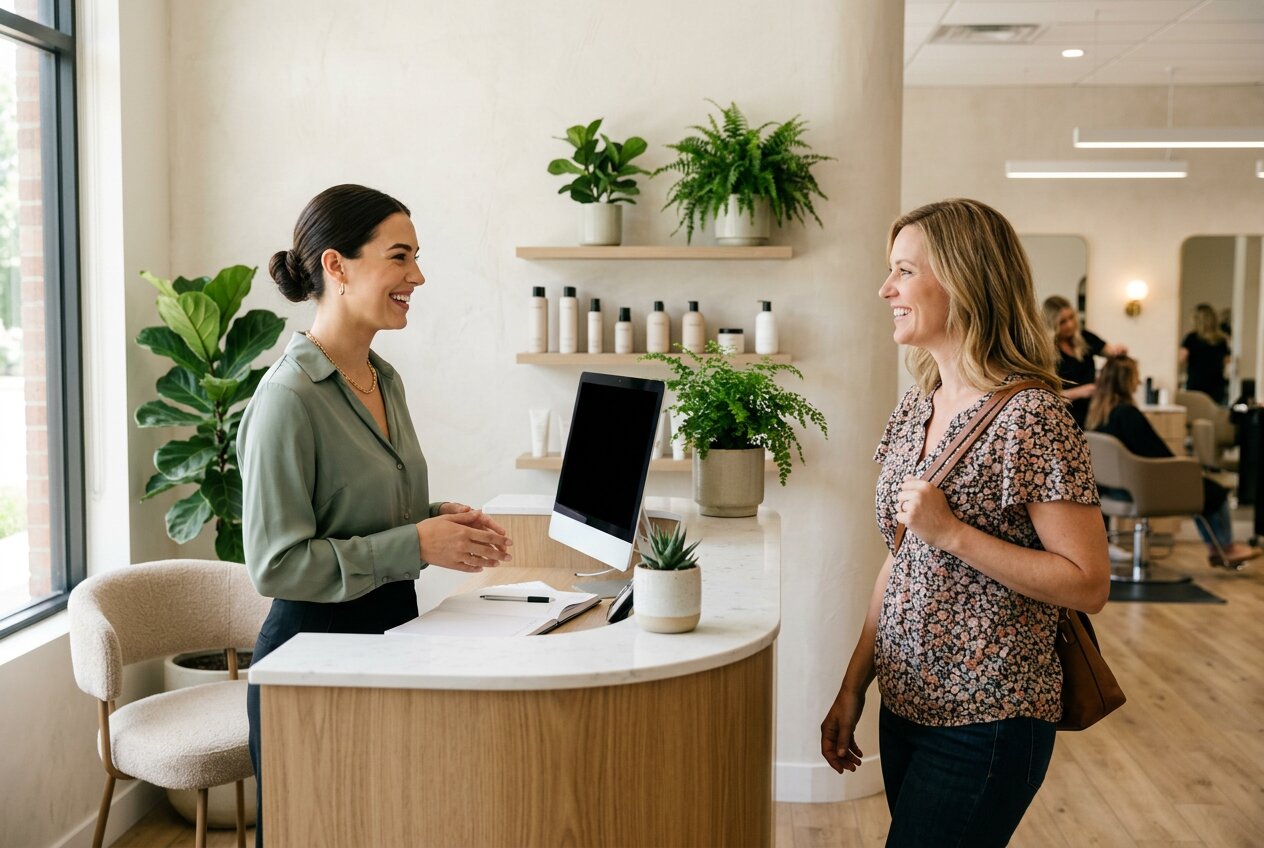 Salon front desk managing the digital diary on a tablet