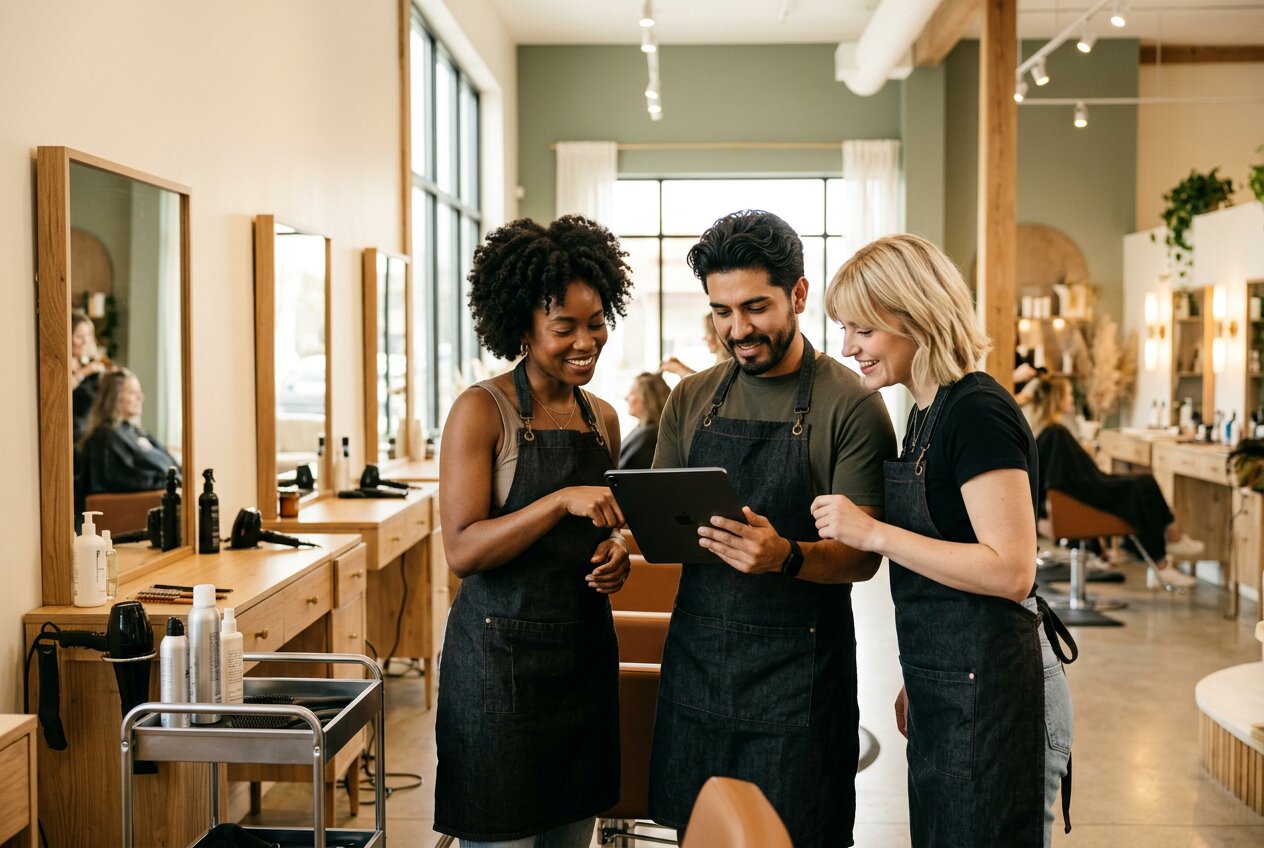Salon team collaborating around a tablet viewing the shared calendar